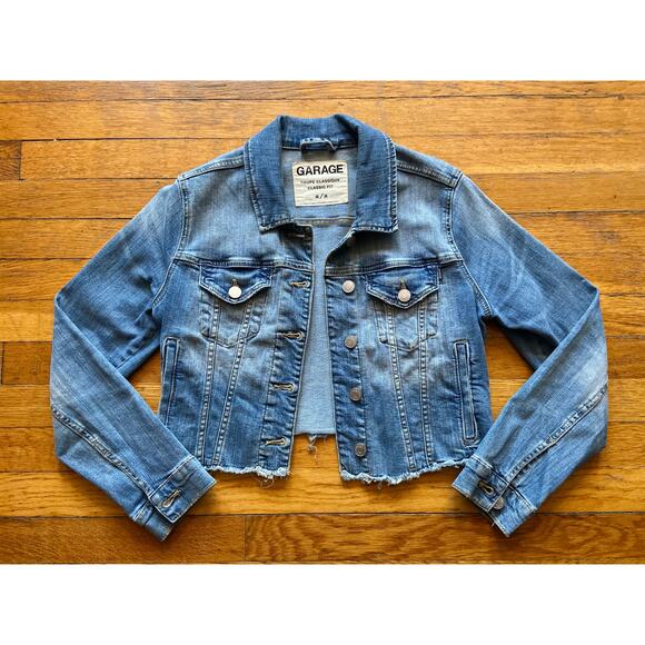 GARAGE Classic Fit Distressed Crop Denim Jacket sz M - Picture 3 of 11